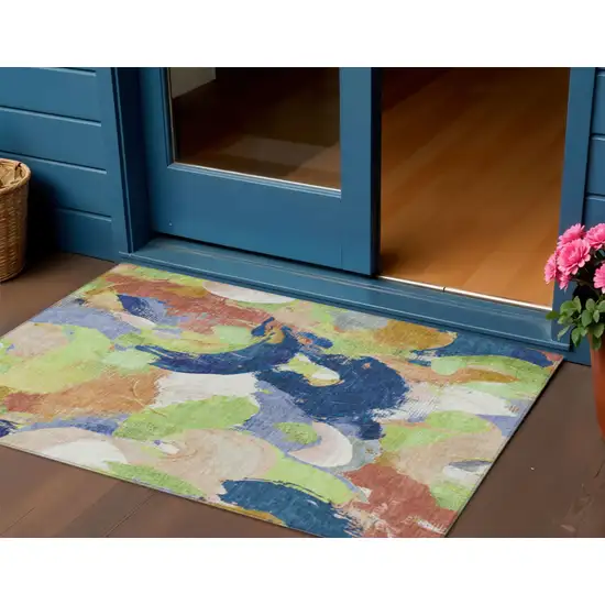 Artichoke Green Navy Blue And Coral Abstract Washable Indoor Outdoor Area Rug Photo 2