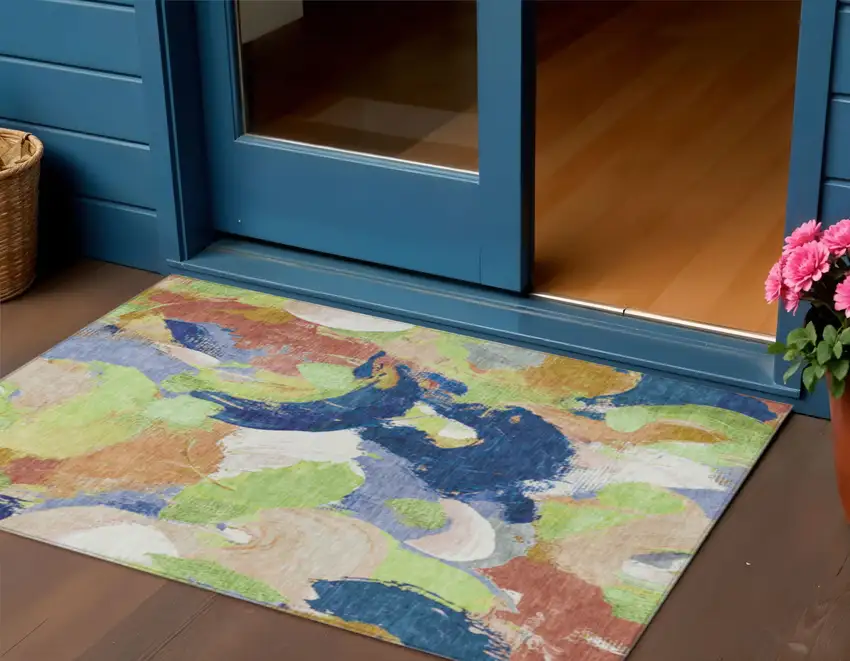 Artichoke Green Navy Blue And Coral Abstract Washable Indoor Outdoor Area Rug Photo 2