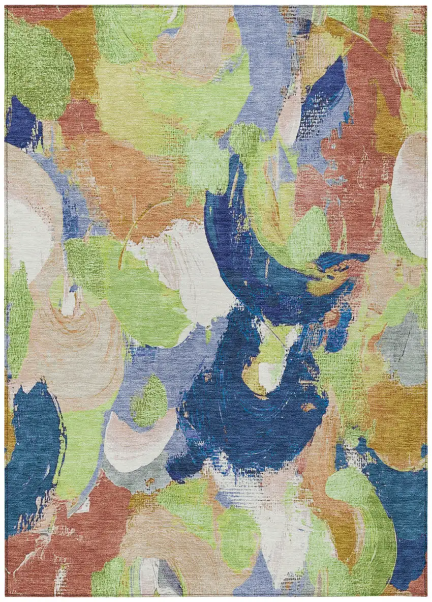 Artichoke Green Navy Blue And Coral Abstract Washable Indoor Outdoor Area Rug Photo 1