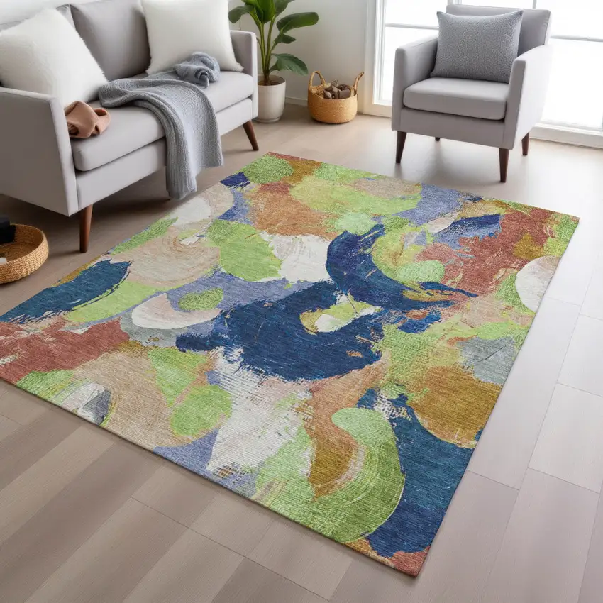 Artichoke Green Navy Blue And Coral Abstract Washable Indoor Outdoor Area Rug Photo 5