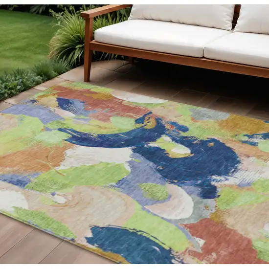 Artichoke Green Navy Blue And Coral Abstract Washable Indoor Outdoor Area Rug Photo 2