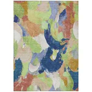 Photo of Artichoke Green Navy Blue And Coral Abstract Washable Indoor Outdoor Area Rug
