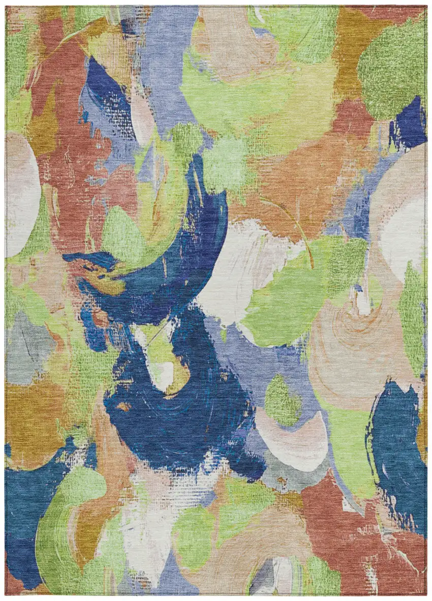Artichoke Green Navy Blue And Coral Abstract Washable Indoor Outdoor Area Rug Photo 8