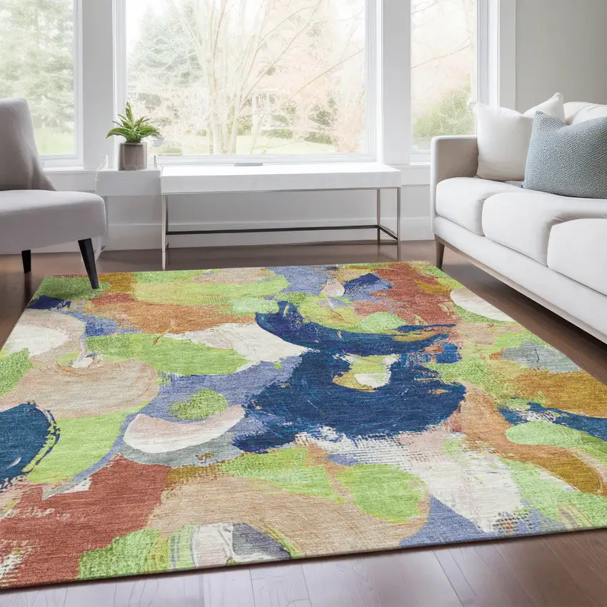 Artichoke Green Navy Blue And Coral Abstract Washable Indoor Outdoor Area Rug Photo 6