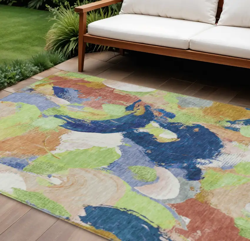 Artichoke Green Navy Blue And Coral Abstract Washable Indoor Outdoor Area Rug Photo 2