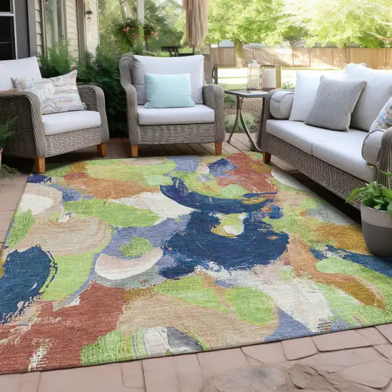 Artichoke Green Navy Blue And Coral Abstract Washable Indoor Outdoor Area Rug Photo 4