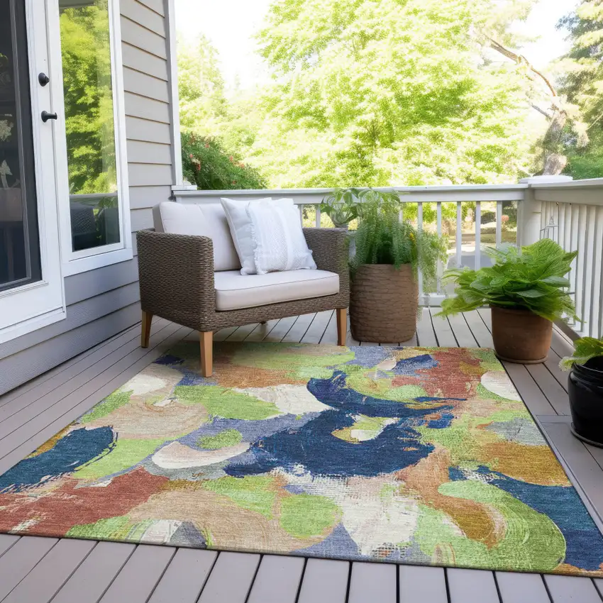 Artichoke Green Navy Blue And Coral Abstract Washable Indoor Outdoor Area Rug Photo 7