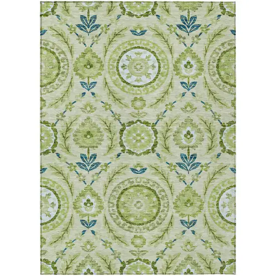 Artichoke Green Olive Green And Blue Floral Washable Indoor Outdoor Area Rug Photo 1