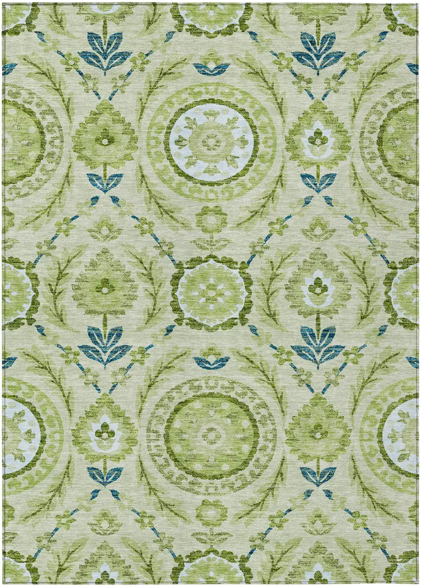 Artichoke Green Olive Green And Blue Floral Washable Indoor Outdoor Area Rug Photo 1