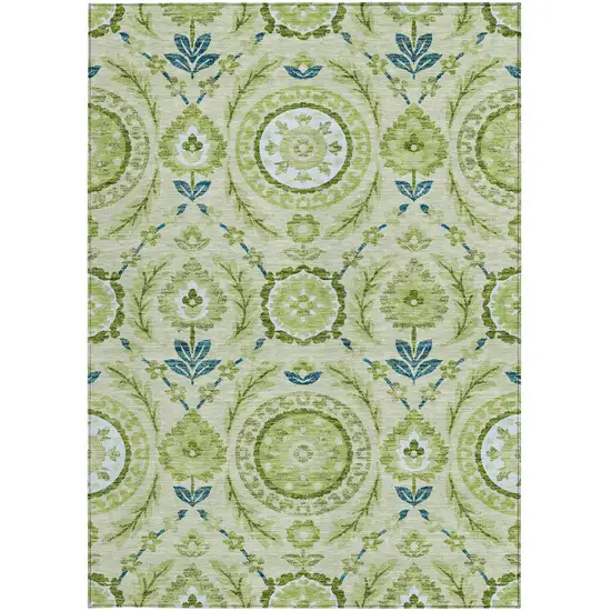 Artichoke Green Olive Green And Blue Floral Washable Indoor Outdoor Area Rug Photo 5