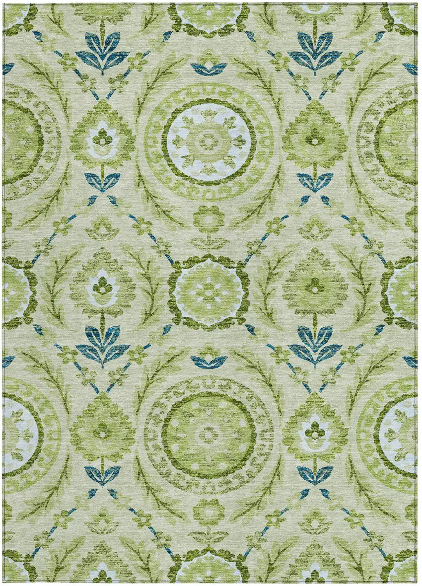 Artichoke Green Olive Green And Blue Floral Washable Indoor Outdoor Area Rug Photo 5
