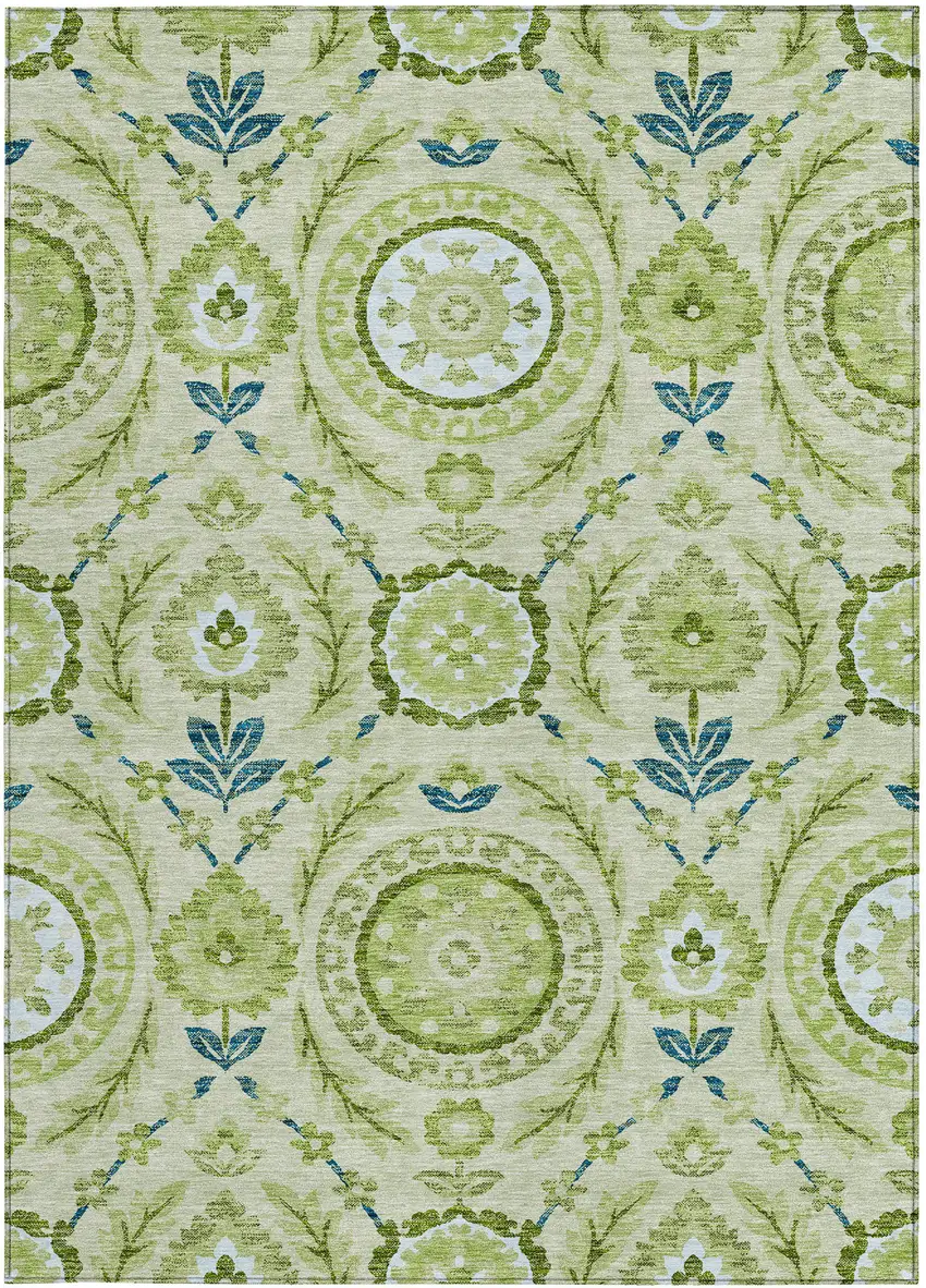 Artichoke Green Olive Green And Blue Floral Washable Indoor Outdoor Area Rug Photo 5