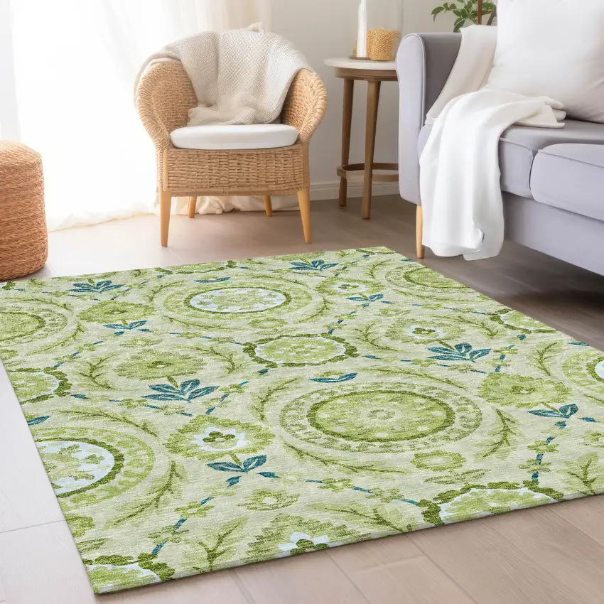 Artichoke Green Olive Green And Blue Floral Washable Indoor Outdoor Area Rug Photo 7