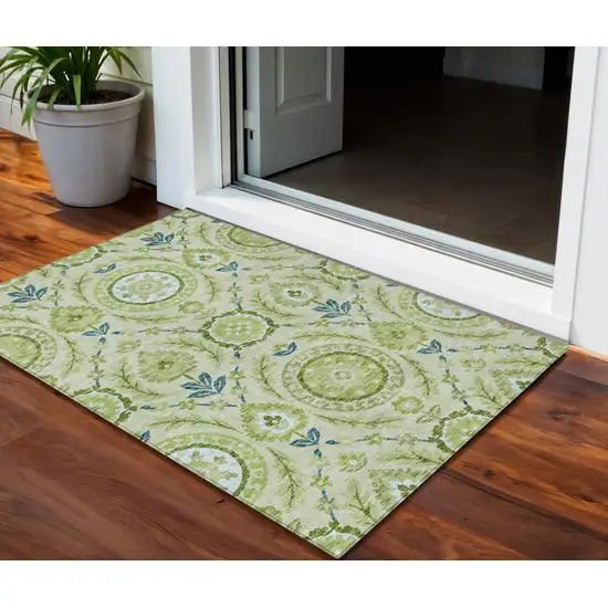 Artichoke Green Olive Green And Blue Floral Washable Indoor Outdoor Area Rug Photo 1