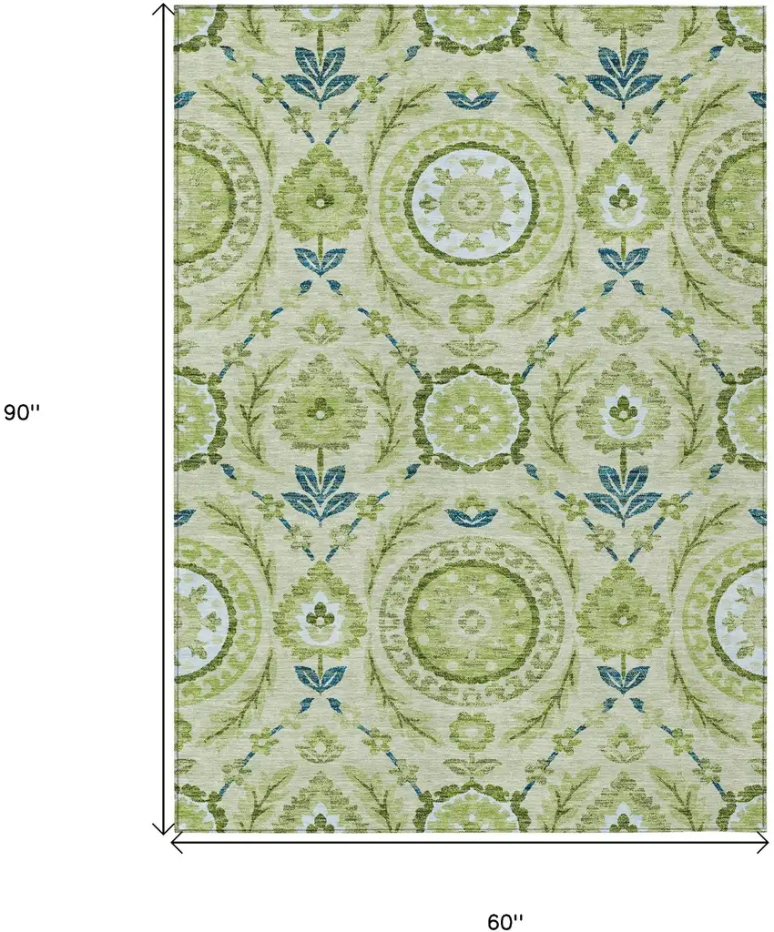 Artichoke Green Olive Green And Blue Floral Washable Indoor Outdoor Area Rug Photo 7