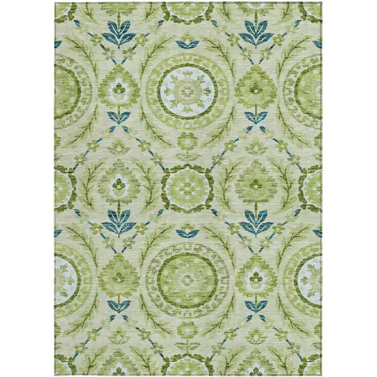 Artichoke Green Olive Green And Blue Floral Washable Indoor Outdoor Area Rug Photo 5