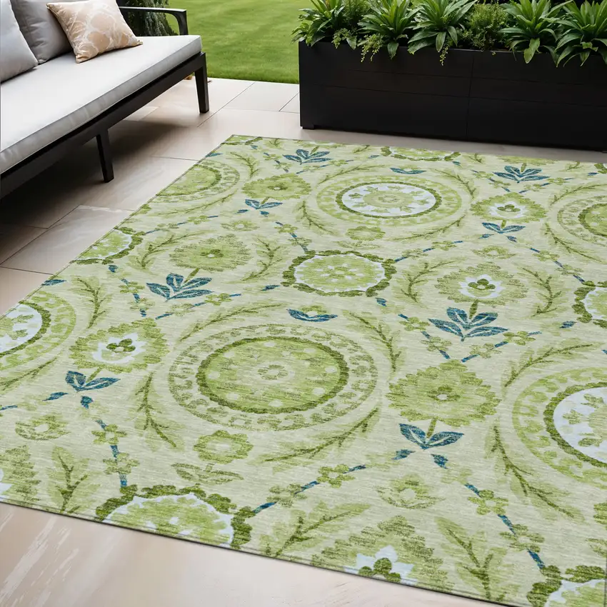 Artichoke Green Olive Green And Blue Floral Washable Indoor Outdoor Area Rug Photo 1