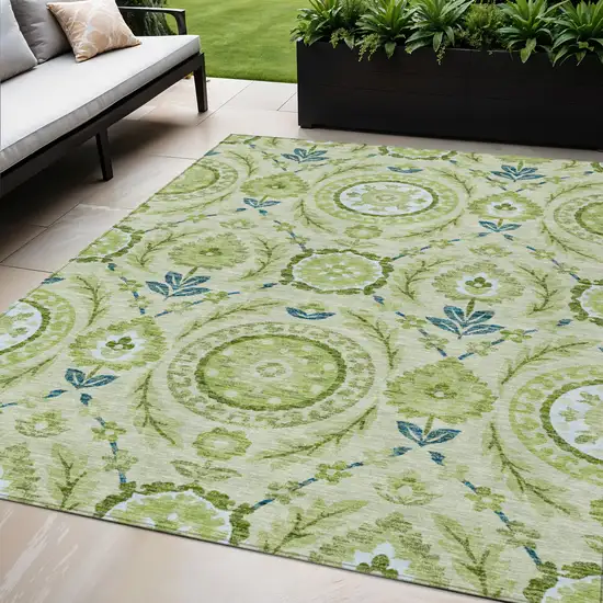 Artichoke Green Olive Green And Blue Floral Washable Indoor Outdoor Area Rug Photo 1