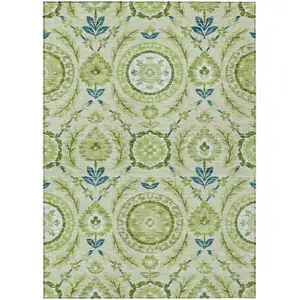Photo of Artichoke Green Olive Green And Blue Floral Washable Indoor Outdoor Area Rug
