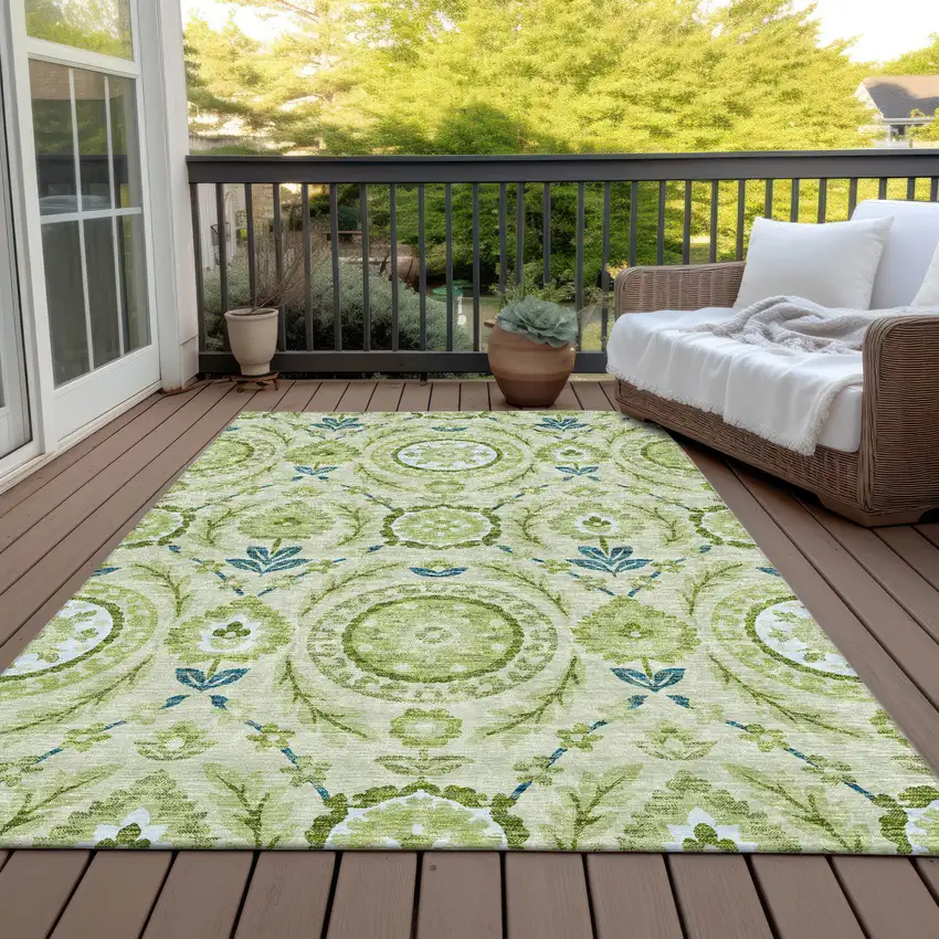 Artichoke Green Olive Green And Blue Floral Washable Indoor Outdoor Area Rug Photo 7
