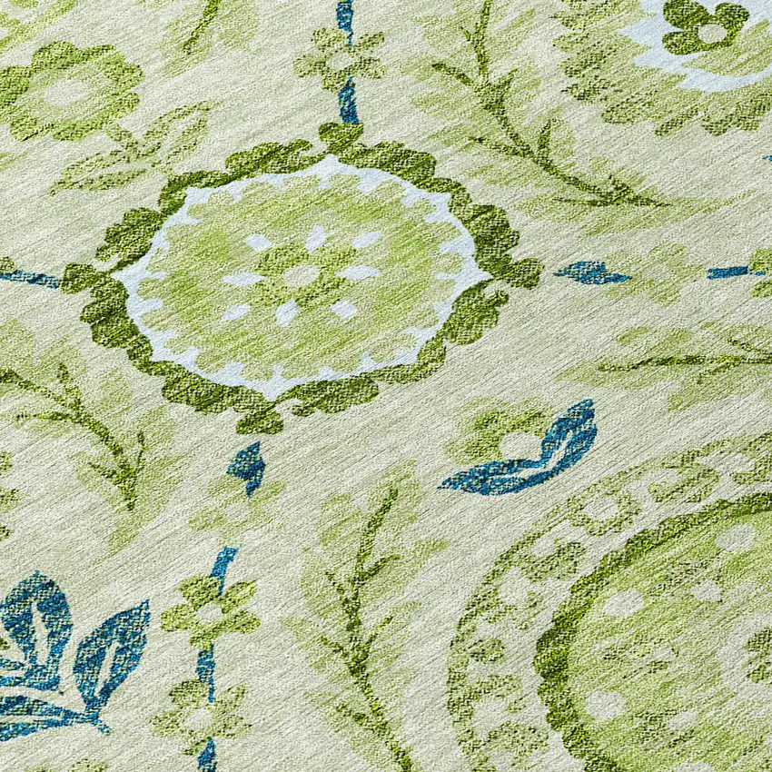 Artichoke Green Olive Green And Blue Floral Washable Indoor Outdoor Area Rug Photo 4