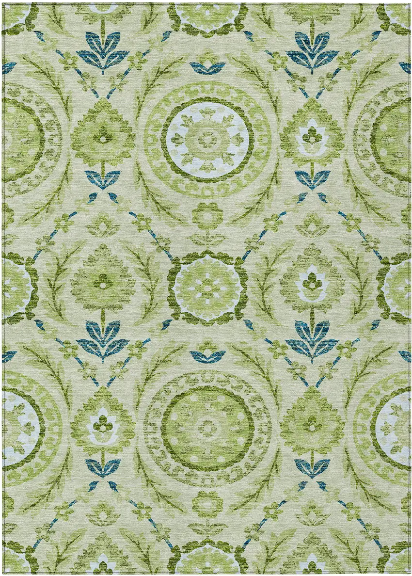 Artichoke Green Olive Green And Blue Floral Washable Indoor Outdoor Area Rug Photo 2