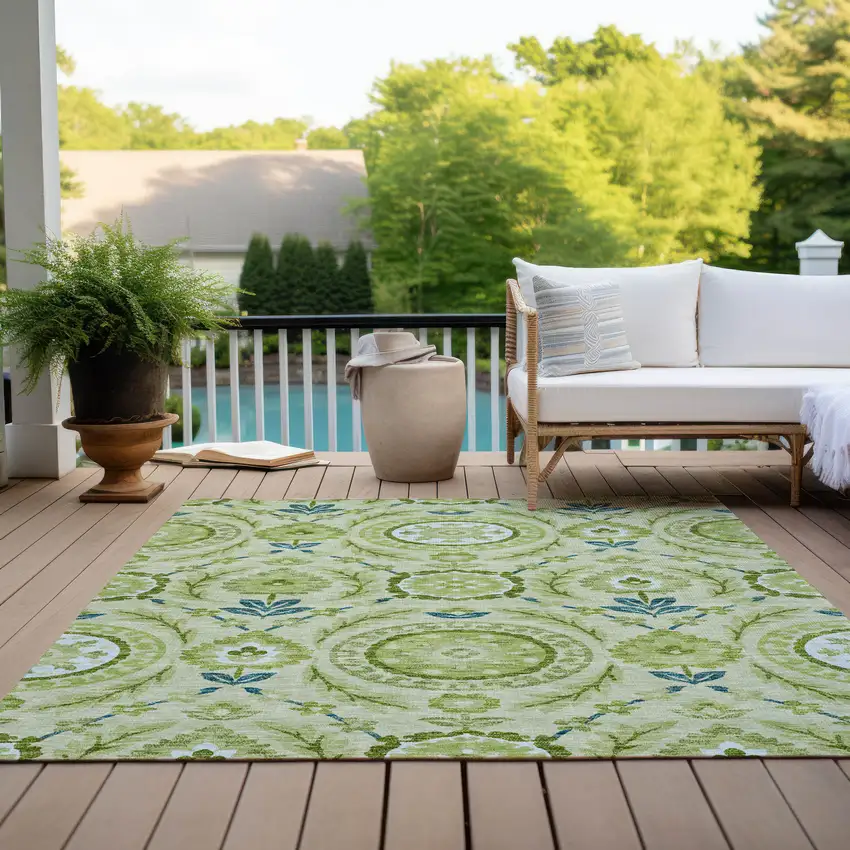 Artichoke Green Olive Green And Blue Floral Washable Indoor Outdoor Area Rug Photo 9