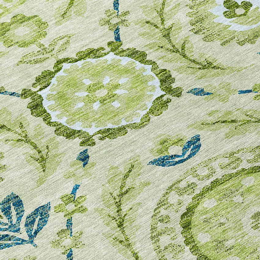 Artichoke Green Olive Green And Blue Floral Washable Indoor Outdoor Area Rug Photo 4