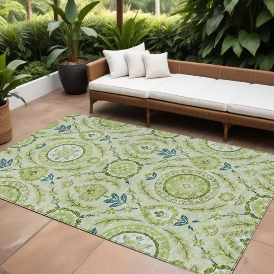 Artichoke Green Olive Green And Blue Floral Washable Indoor Outdoor Area Rug Photo 1