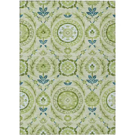 Artichoke Green Olive Green And Blue Floral Washable Indoor Outdoor Area Rug Photo 2