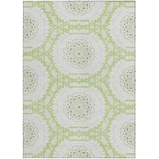 Artichoke Green Olive Green And Tan Floral Medallion Washable Indoor Outdoor Area Rug Photo 6