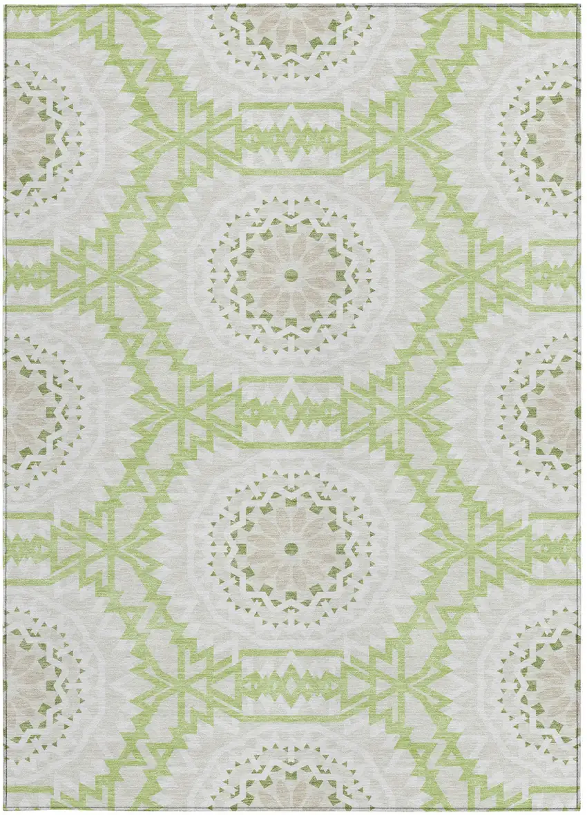 Artichoke Green Olive Green And Tan Floral Medallion Washable Indoor Outdoor Area Rug Photo 6