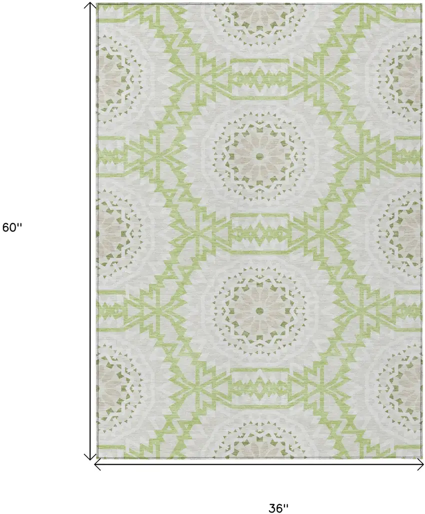 Artichoke Green Olive Green And Tan Floral Medallion Washable Indoor Outdoor Area Rug Photo 3