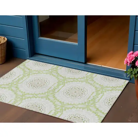 Artichoke Green Olive Green And Tan Floral Medallion Washable Indoor Outdoor Area Rug Photo 1