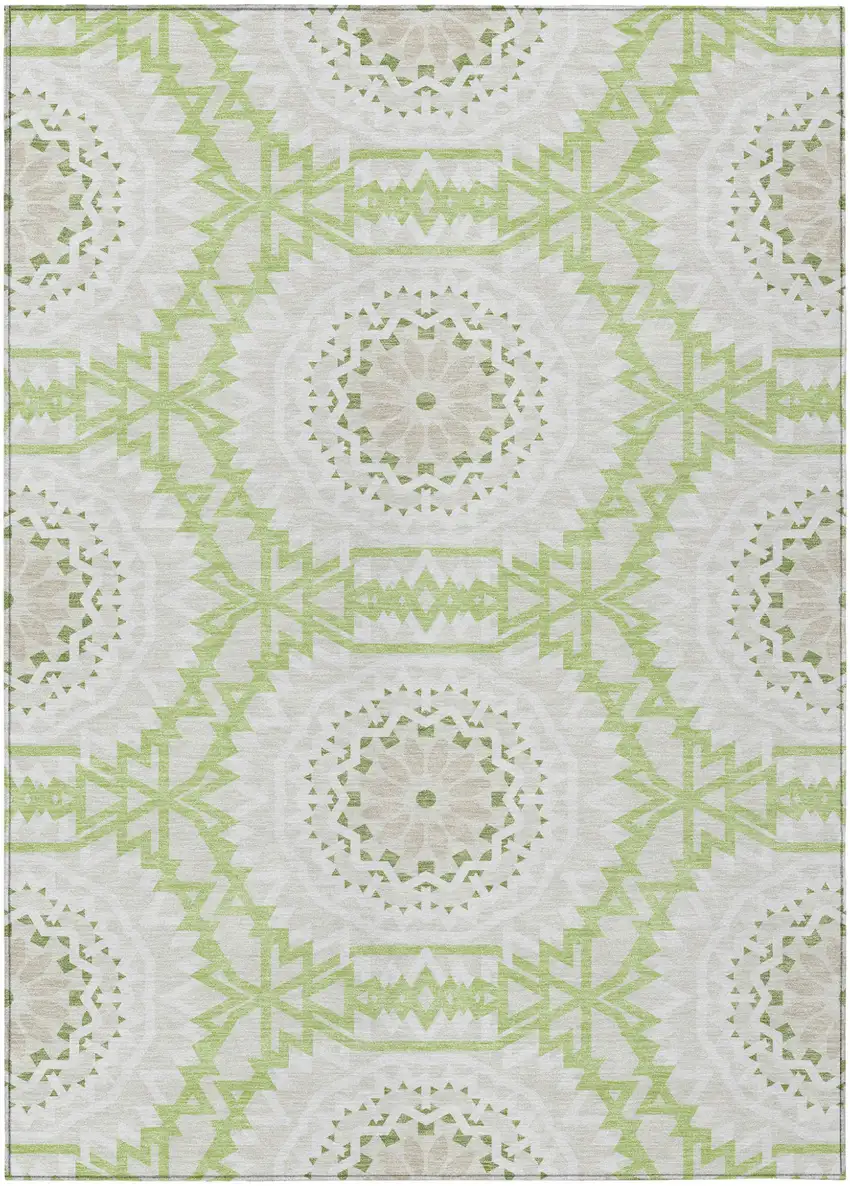 Artichoke Green Olive Green And Tan Floral Medallion Washable Indoor Outdoor Area Rug Photo 2