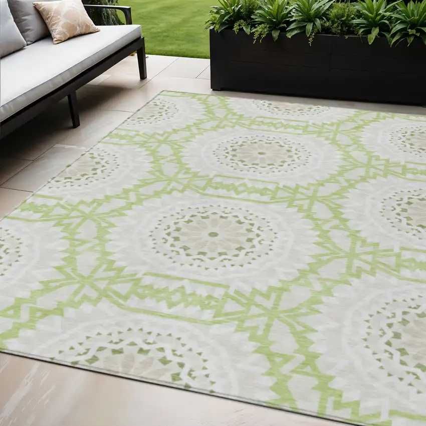 Artichoke Green Olive Green And Tan Floral Medallion Washable Indoor Outdoor Area Rug Photo 1