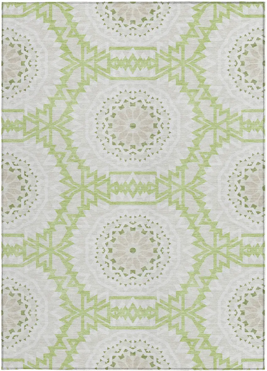 Artichoke Green Olive Green And Tan Floral Medallion Washable Indoor Outdoor Area Rug Photo 6