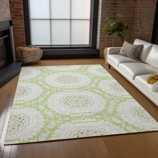 Artichoke Green Olive Green And Tan Floral Medallion Washable Indoor Outdoor Area Rug Photo 9