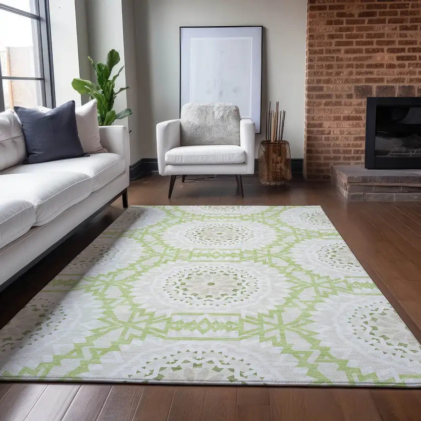 Artichoke Green Olive Green And Tan Floral Medallion Washable Indoor Outdoor Area Rug Photo 8