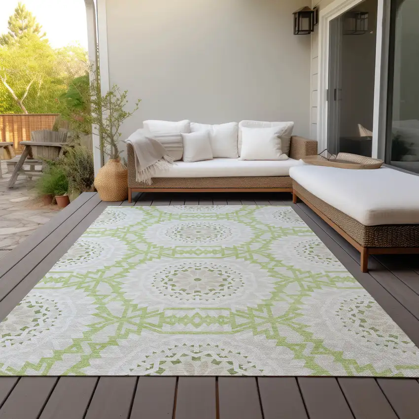 Artichoke Green Olive Green And Tan Floral Medallion Washable Indoor Outdoor Area Rug Photo 7