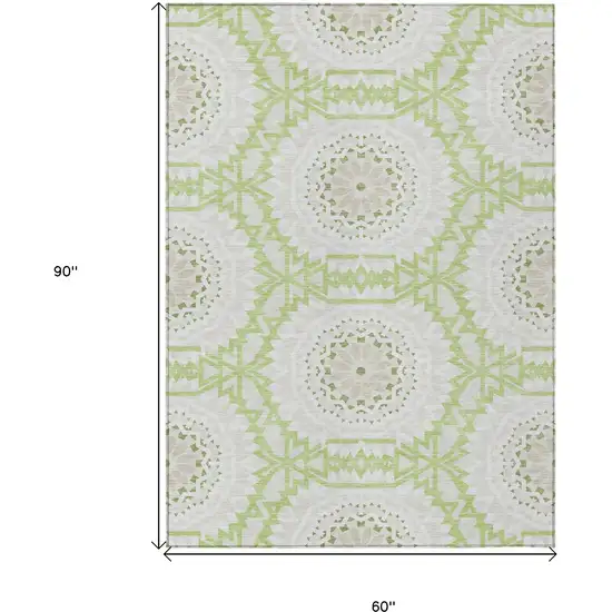 Artichoke Green Olive Green And Tan Floral Medallion Washable Indoor Outdoor Area Rug Photo 3