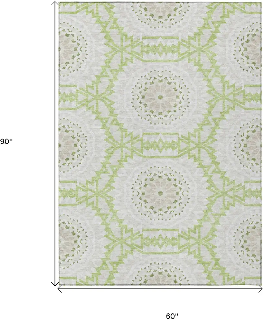 Artichoke Green Olive Green And Tan Floral Medallion Washable Indoor Outdoor Area Rug Photo 3