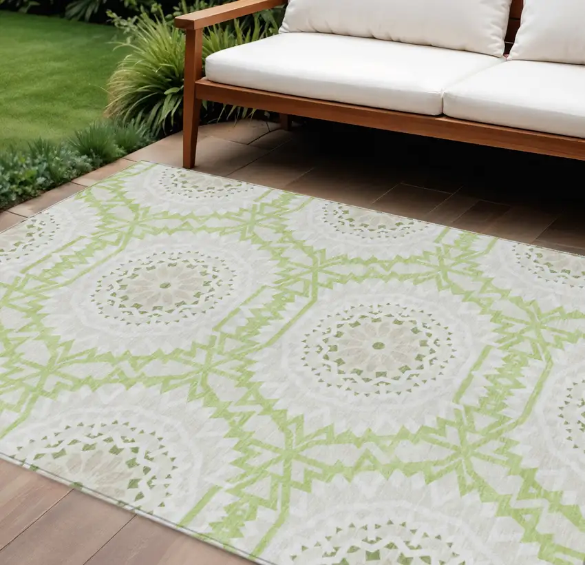 Artichoke Green Olive Green And Tan Floral Medallion Washable Indoor Outdoor Area Rug Photo 1