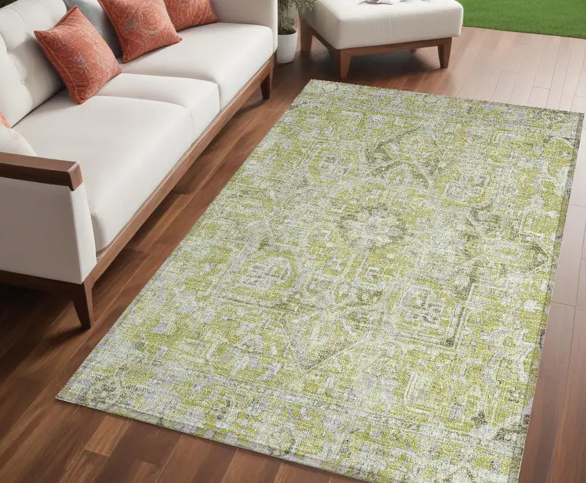 Artichoke Green Oriental Washable Non Skid Indoor Outdoor Area Rug Photo 1