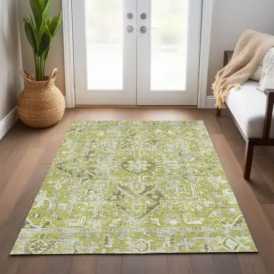 Artichoke Green Oriental Washable Non Skid Indoor Outdoor Area Rug Photo 9