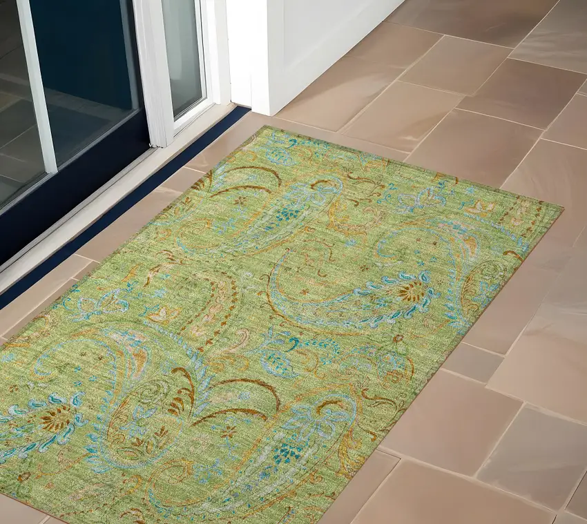 Artichoke Green Paisley Washable Non Skid Indoor Outdoor Area Rug Photo 1