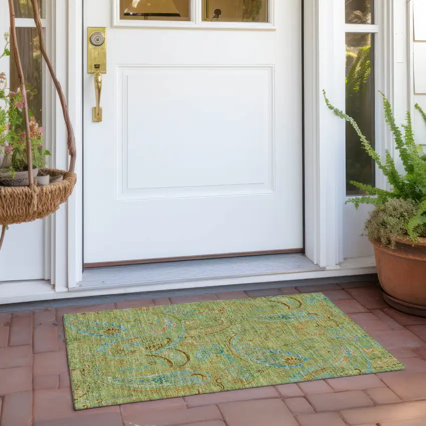 Artichoke Green Paisley Washable Indoor Outdoor Area Rug Photo 8