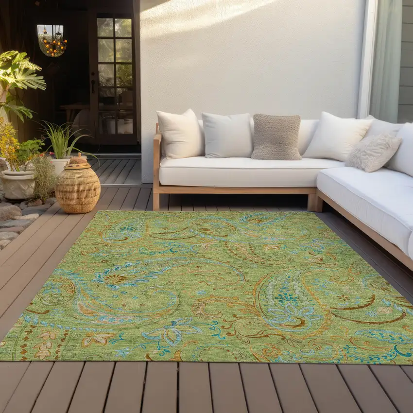 Artichoke Green Paisley Washable Indoor Outdoor Area Rug Photo 9