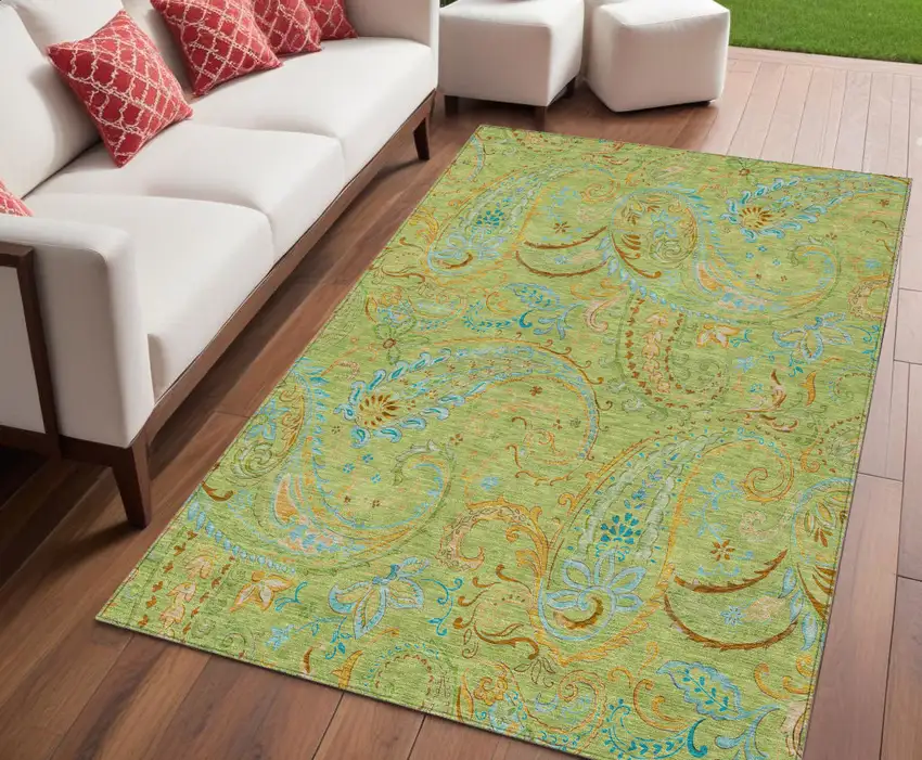 Artichoke Green Paisley Washable Indoor Outdoor Area Rug Photo 1