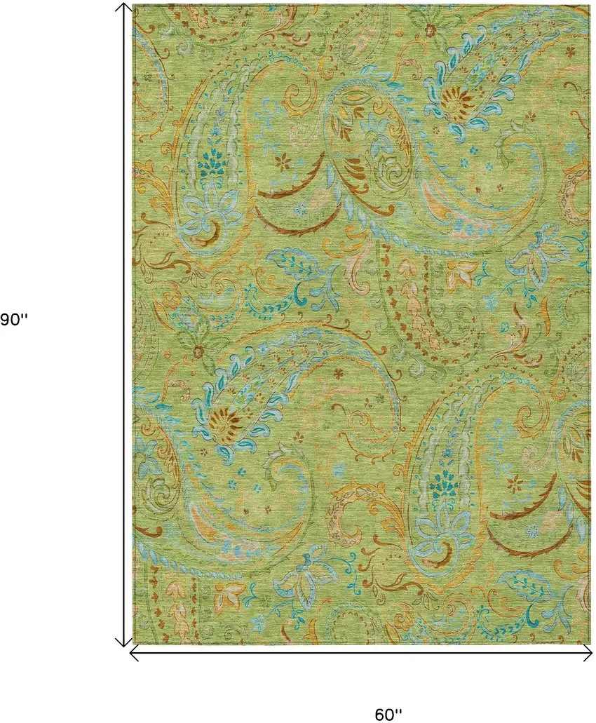 Artichoke Green Paisley Washable Indoor Outdoor Area Rug Photo 3